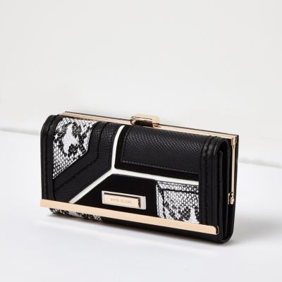Black snake print panel clip top purse
